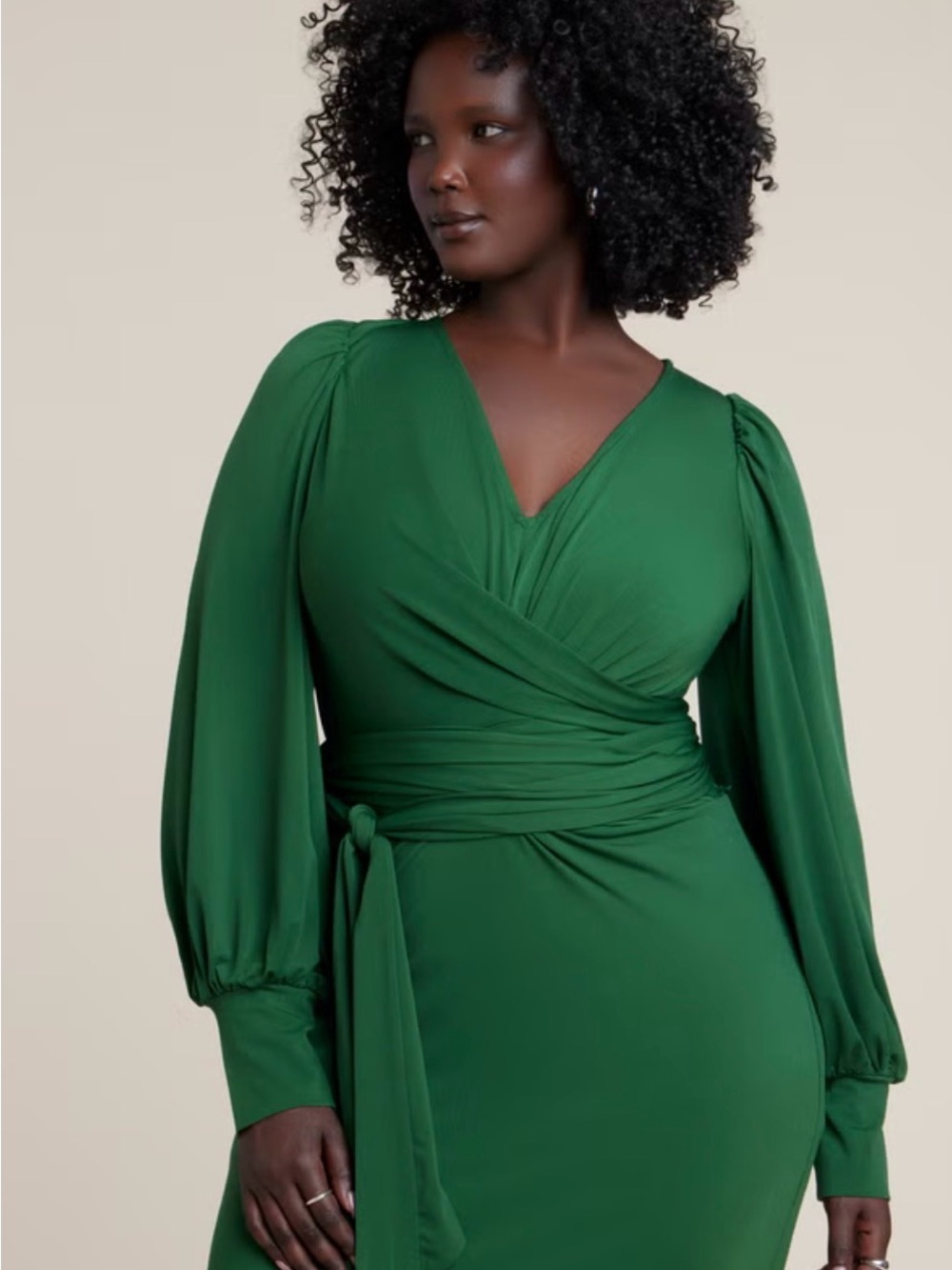 Eloquii Emerald Green Wrap Midi Dress with Bishop Sleeves - Picture 3 of 6